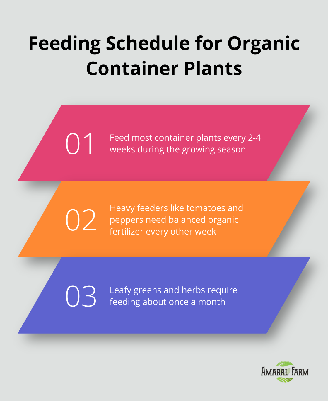 Chart outlining the feeding schedule for different types of plants in organic container gardening - organic gardening in containers